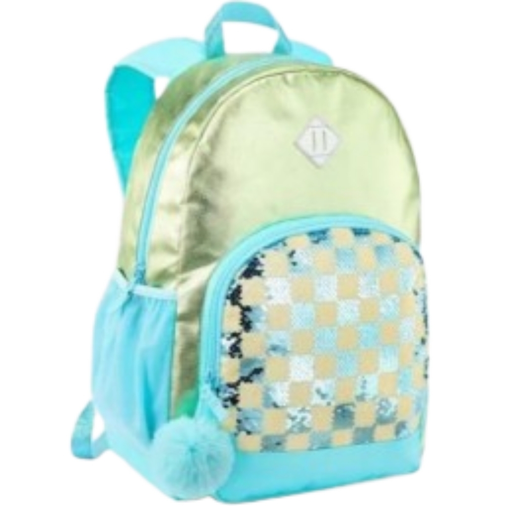Cat & Jack Sequin Checkered Aqua and Gold Backpack 16.5"
